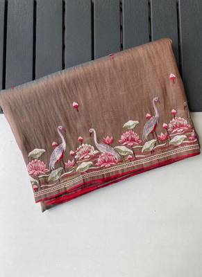 Light Brown Color  multithread embroidery Work art silk saree 5