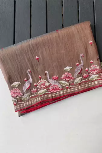 Light Brown Color  multithread embroidery Work art silk saree