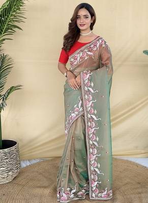 Olive Color  multithread embroidery Work art silk saree 1