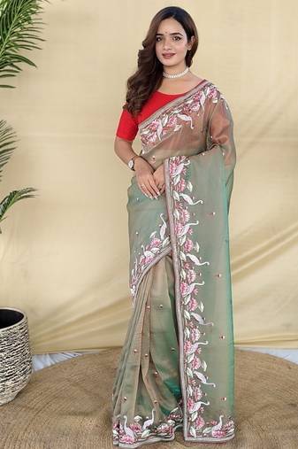 Olive Color  multithread embroidery Work Silk Saree