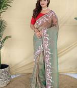 Olive Color  multithread embroidery Work Silk Saree