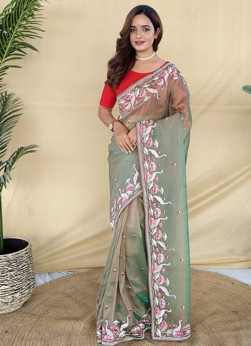 Olive Color  multithread embroidery Work Silk Saree