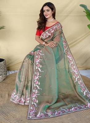 Olive Color  multithread embroidery Work art silk saree 3