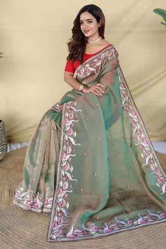Olive Color  multithread embroidery Work art silk saree