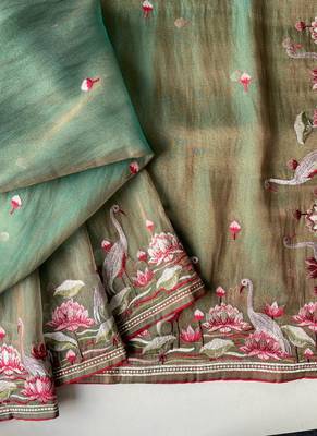 Olive Color  multithread embroidery Work art silk saree 4