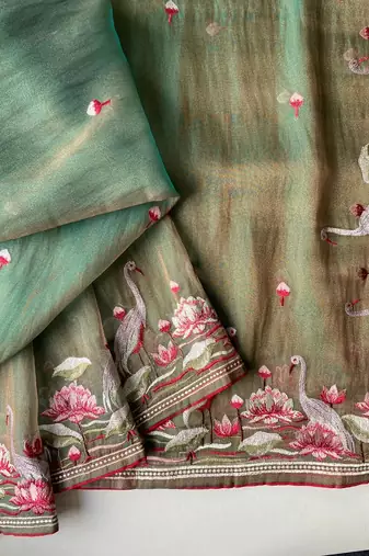 Olive Color  multithread embroidery Work art silk saree