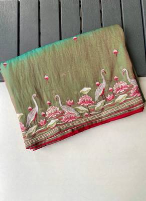 Olive Color  multithread embroidery Work art silk saree 5
