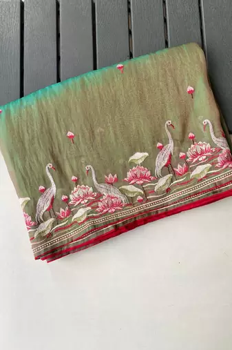 Olive Color  multithread embroidery Work art silk saree