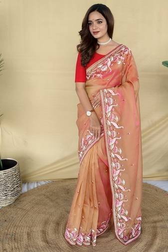 Orange Color  multithread embroidery Work Silk Saree