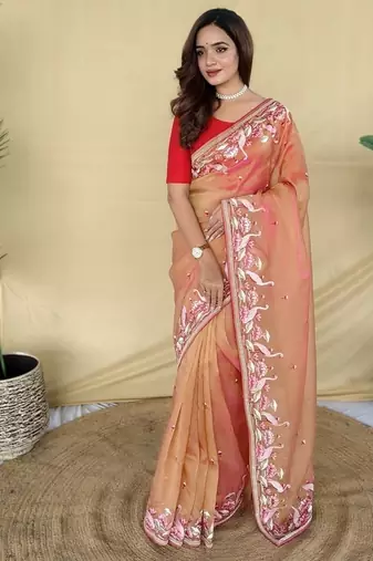 Orange Color  multithread embroidery Work Silk Saree