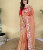 Orange Multithread Embroidery Work Art Silk Saree