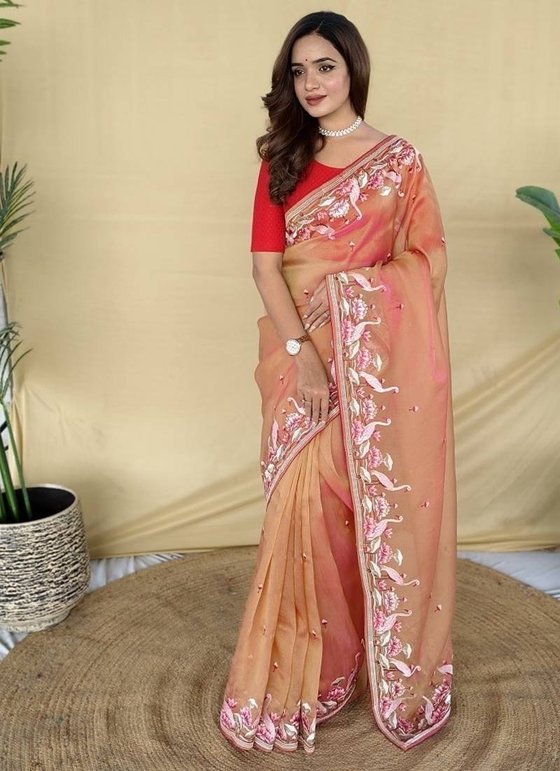 Orange Color  multithread embroidery Work Silk Saree