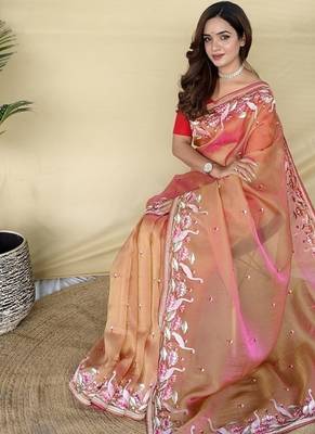 Orange Color  multithread embroidery Work art silk saree 3