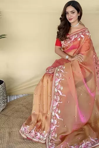 Orange Color  multithread embroidery Work art silk saree