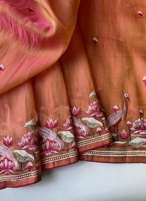 Orange Color  multithread embroidery Work art silk saree 4