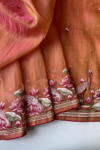 Orange Color  multithread embroidery Work art silk saree