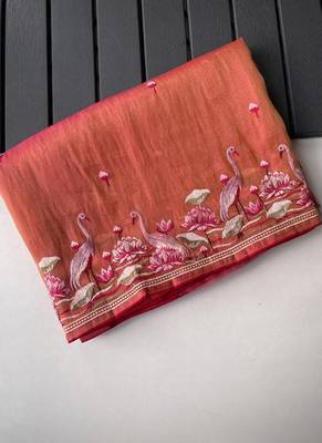 Orange Color  multithread embroidery Work art silk saree 5