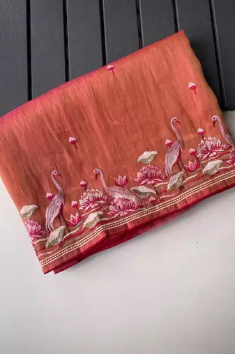 Orange Color  multithread embroidery Work art silk saree