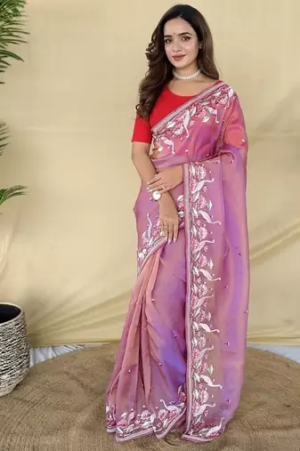 Pink Color  multithread embroidery Work Silk Saree