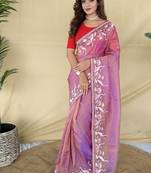 Pink Multithread Embroidery Work Art Silk Saree
