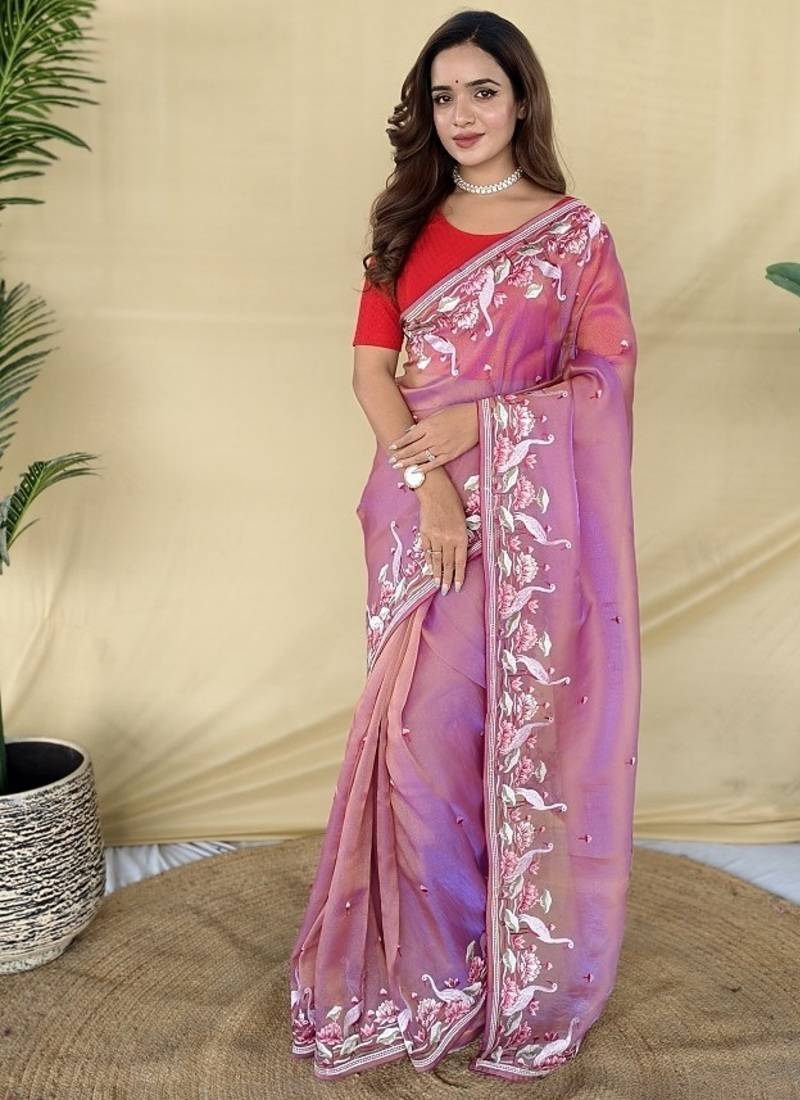 Pink Color  multithread embroidery Work Silk Saree