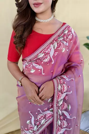 Pink Color  multithread embroidery Work art silk saree
