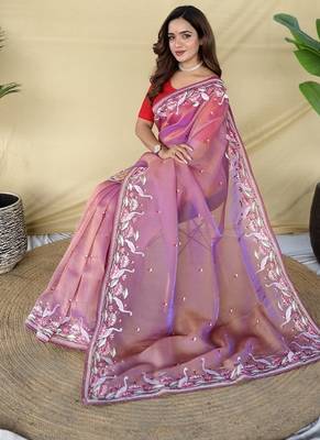 Pink Color  multithread embroidery Work art silk saree 3