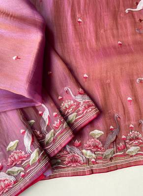 Pink Color  multithread embroidery Work art silk saree 4