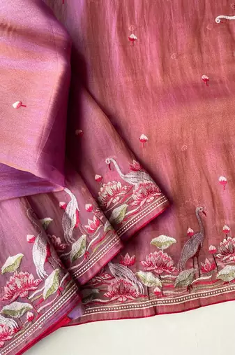 Pink Color  multithread embroidery Work art silk saree