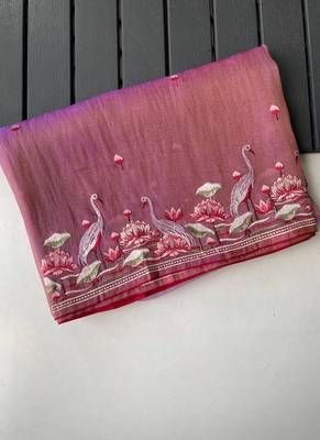 Pink Color  multithread embroidery Work art silk saree 5