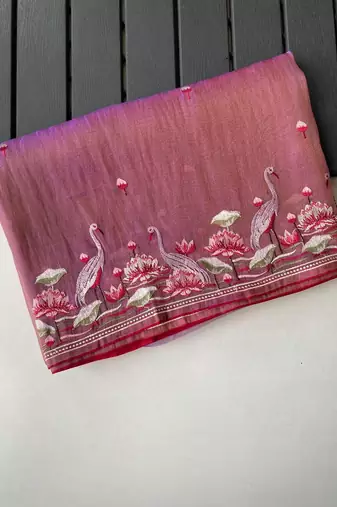 Pink Color  multithread embroidery Work art silk saree