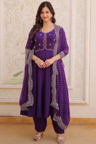 Splendid Purple Thread Work Chanderi Festive Wear Anarkali Suit