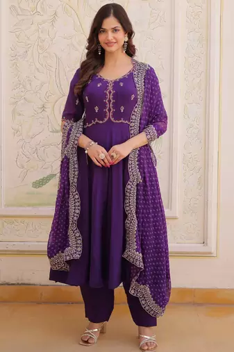 Splendid Purple Thread Work Chanderi Festive Wear Anarkali Suit