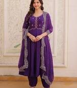 Splendid Purple Thread Work Chanderi Festive Wear Anarkali Suit