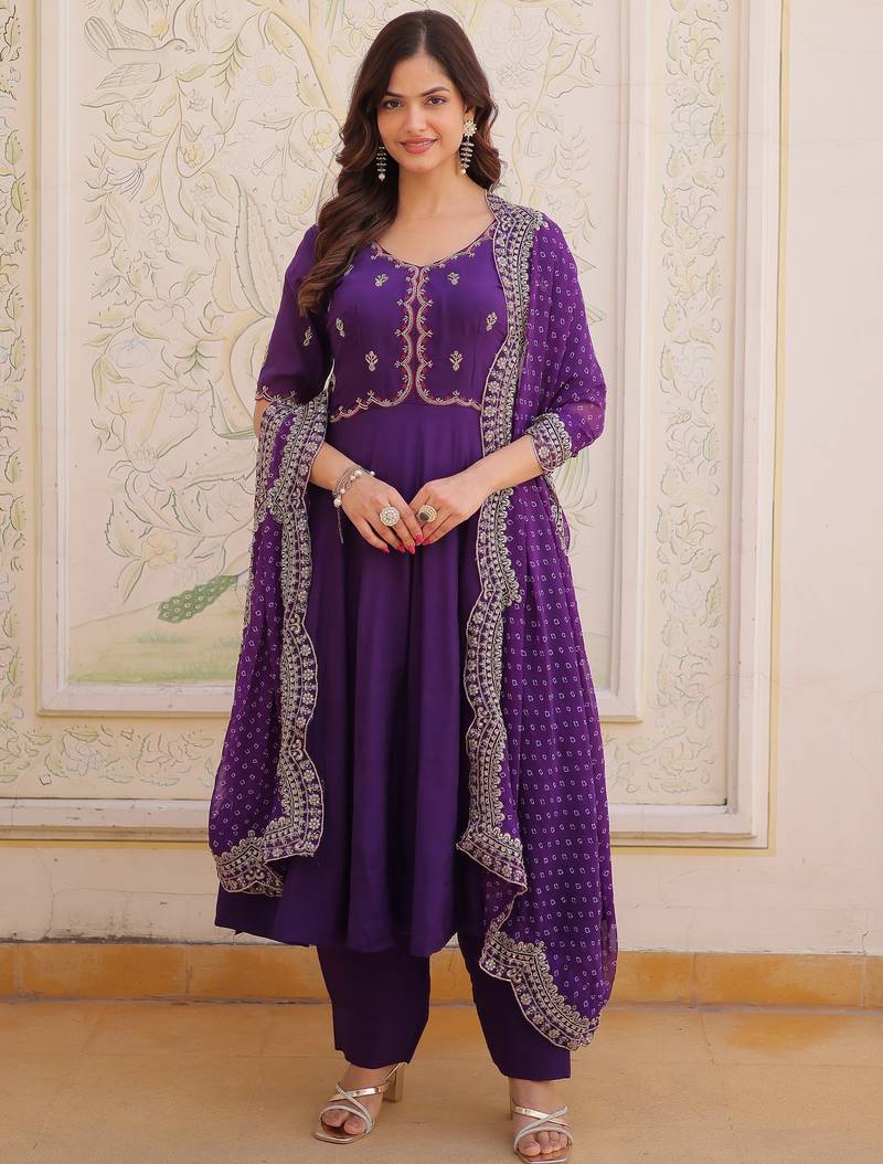 Splendid Purple Thread Work Chanderi Festive Wear Anarkali Suit