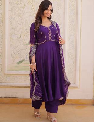 purple chanderi anarkali suit with thread embroidery zari work 2