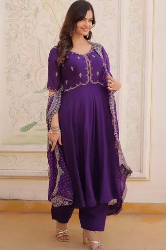 purple chanderi anarkali suit with thread embroidery zari work
