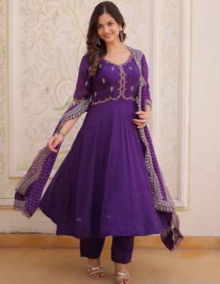 purple chanderi anarkali suit with thread embroidery zari work 3