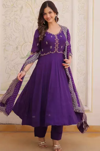 purple chanderi anarkali suit with thread embroidery zari work