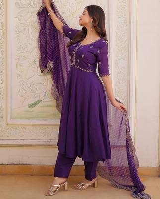 purple chanderi anarkali suit with thread embroidery zari work 4