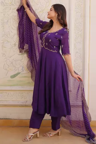 purple chanderi anarkali suit with thread embroidery zari work