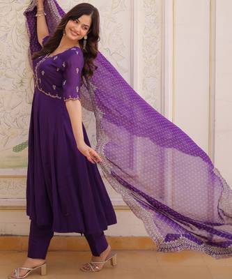 purple chanderi anarkali suit with thread embroidery zari work 5