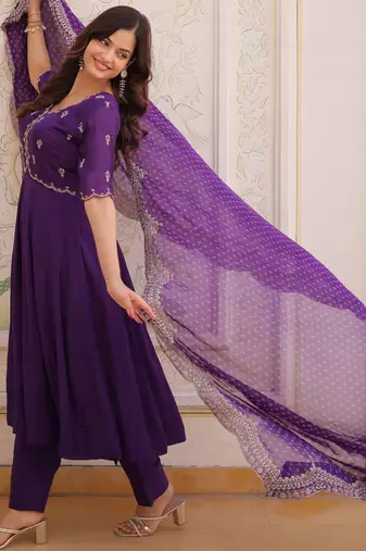 purple chanderi anarkali suit with thread embroidery zari work