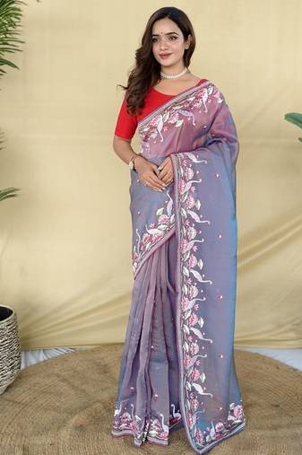Purple Color  multithread embroidery Work Silk Saree
