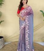 Purple Multithread Embroidery Work Art Silk Saree