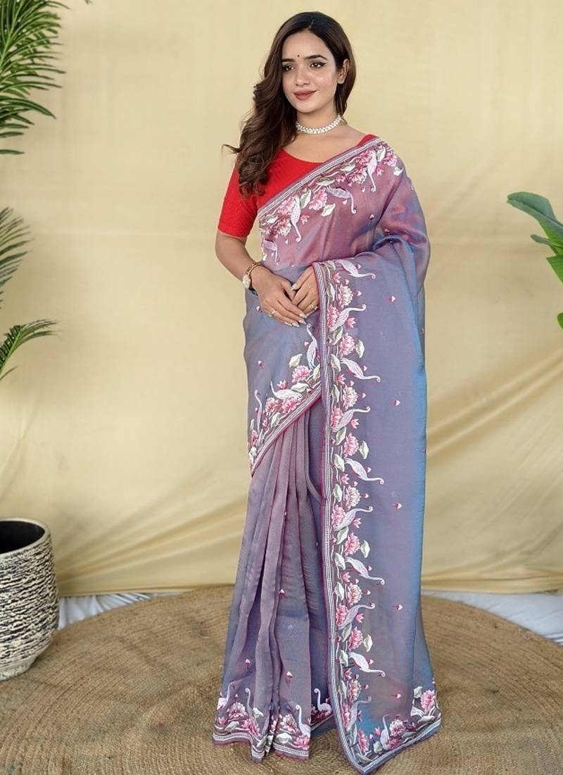 Purple Color  multithread embroidery Work Silk Saree
