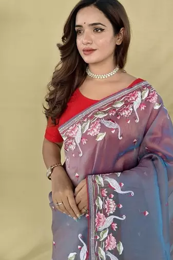 Purple Color  multithread embroidery Work art silk saree