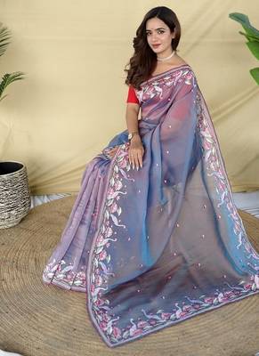 Purple Color  multithread embroidery Work art silk saree 3