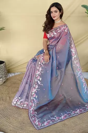 Purple Color  multithread embroidery Work art silk saree