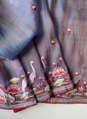 Purple Color  multithread embroidery Work art silk saree 5